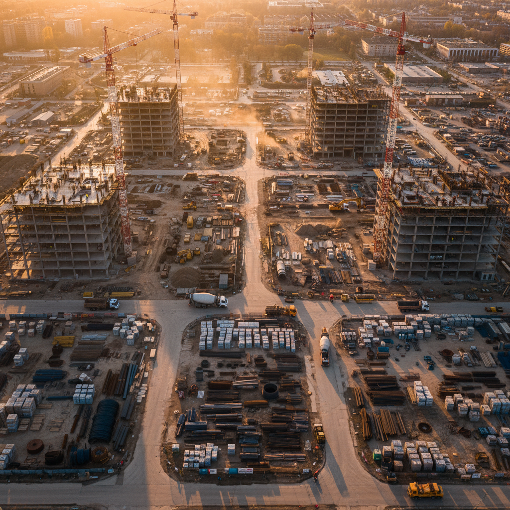 Multiple construction projects managed simultaneously, aerial view showing scale and operational complexity