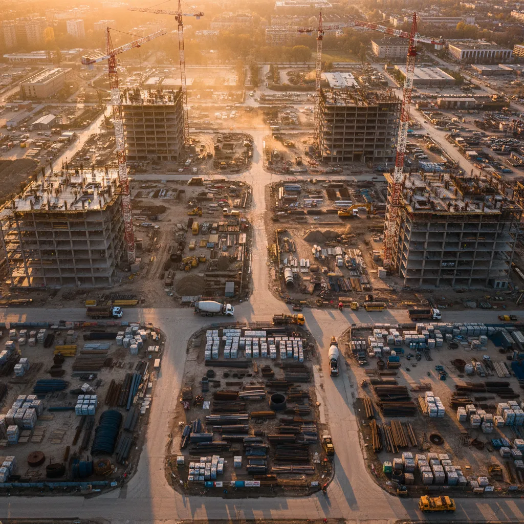 Multiple construction projects managed simultaneously, aerial view showing scale and operational complexity
