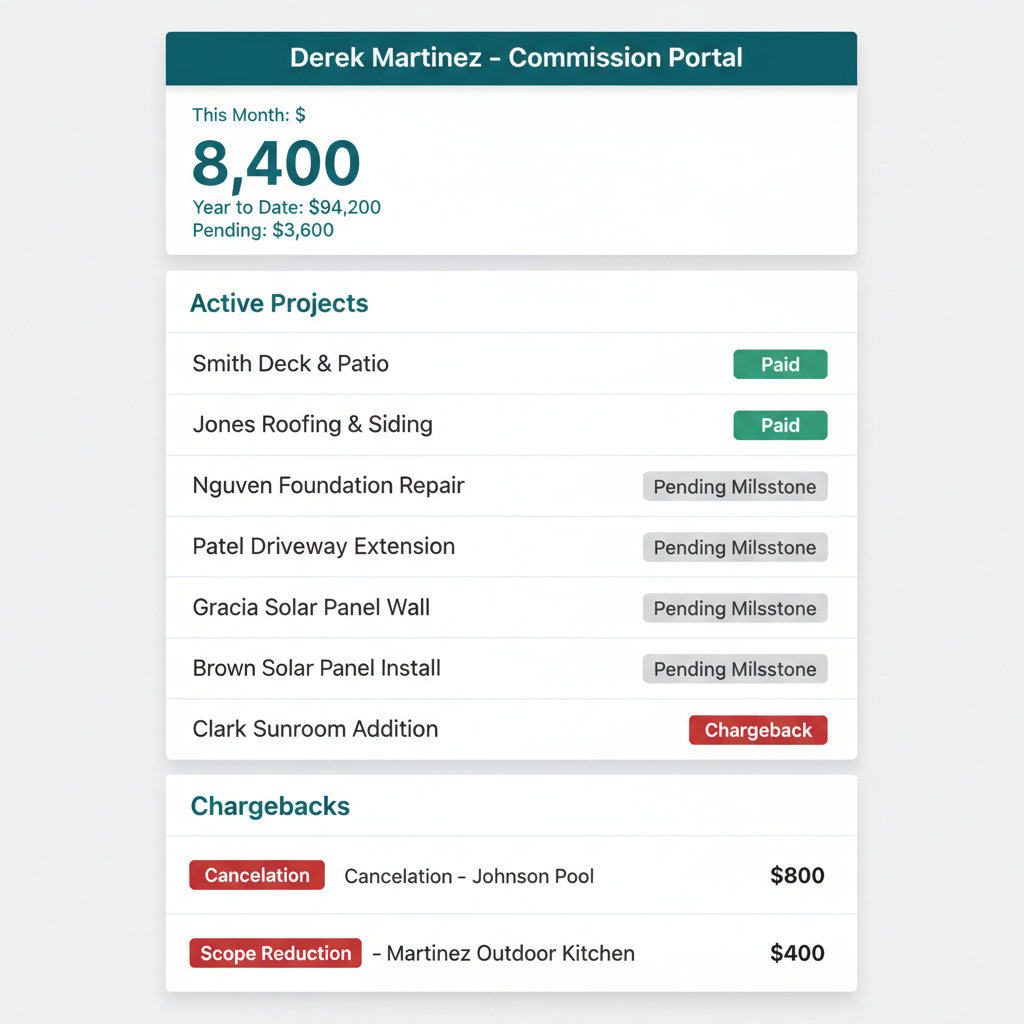 WFP sales rep transparency portal showing month-to-date earnings, active project commission status, and itemized chargebacks.