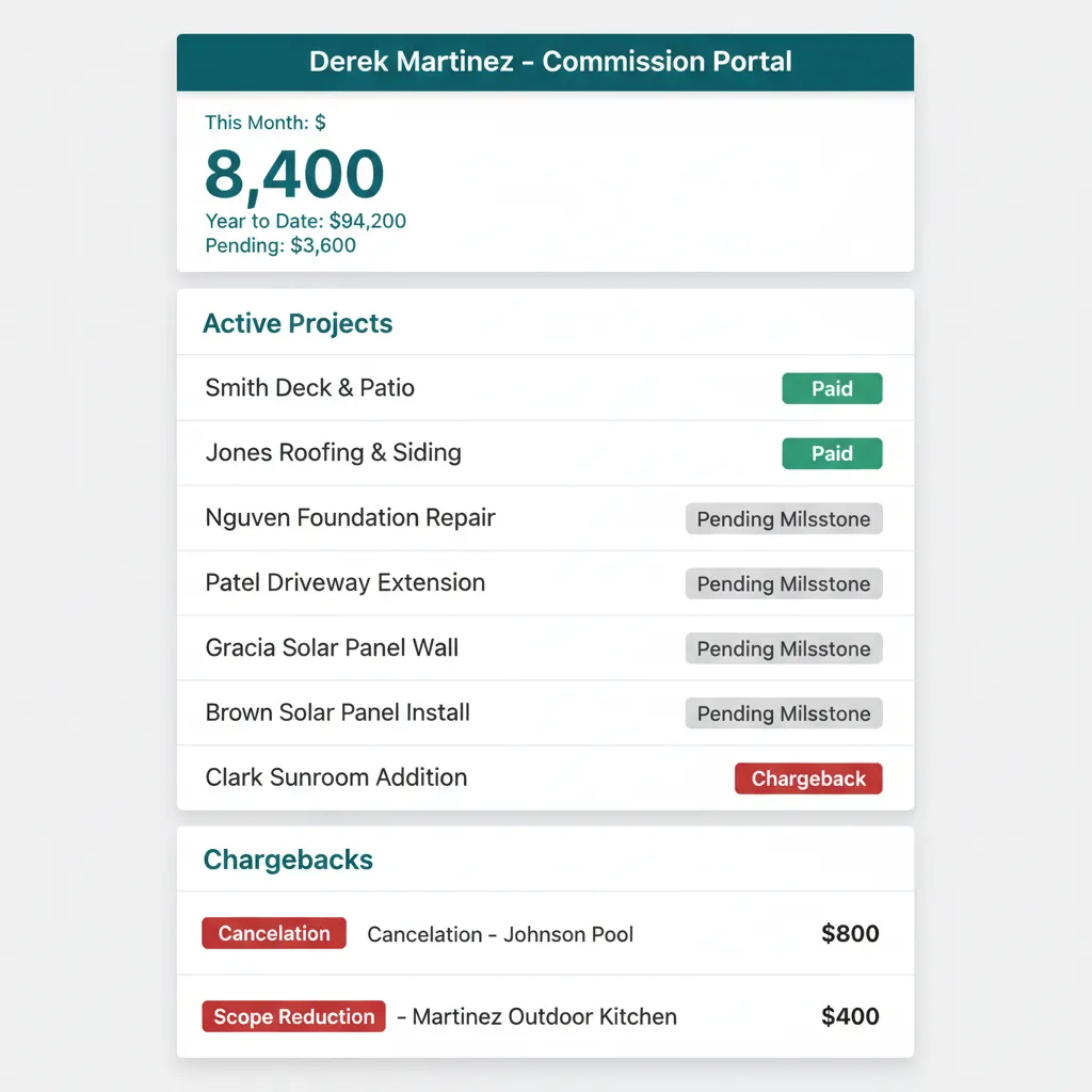 WFP sales rep transparency portal showing month-to-date earnings, active project commission status, and itemized chargebacks.
