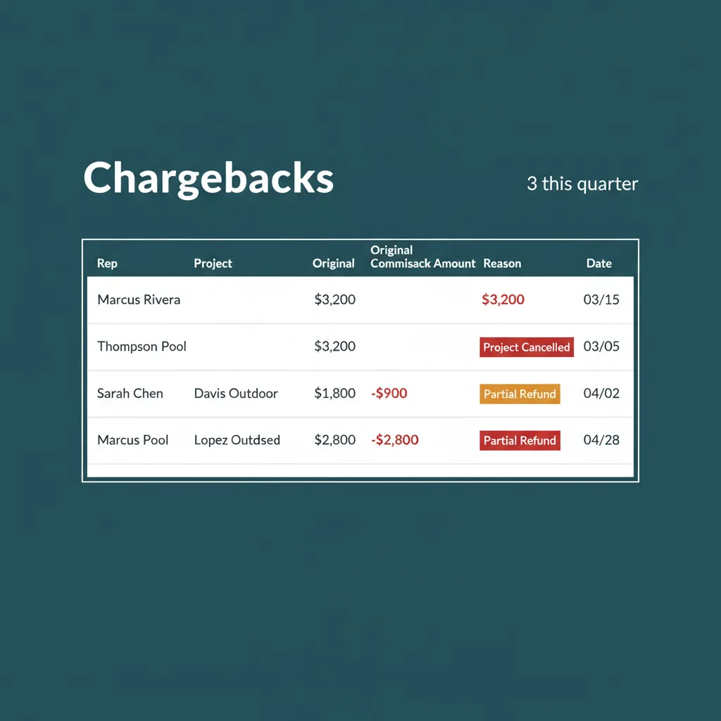 WFP chargeback detail view with reason badges for Cancellation, Scope Reduction, Customer Refund, and Reclassification.