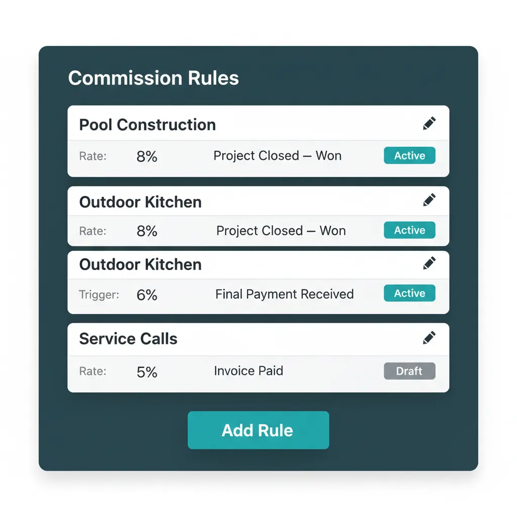 WFP commission rule configuration screen with milestone-based rules and percentage breakdowns for sales rep roles.