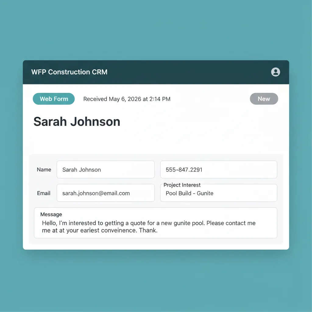 WFP lead detail view showing a captured web form lead with source attribution badge, timestamp, and mapped form fields.