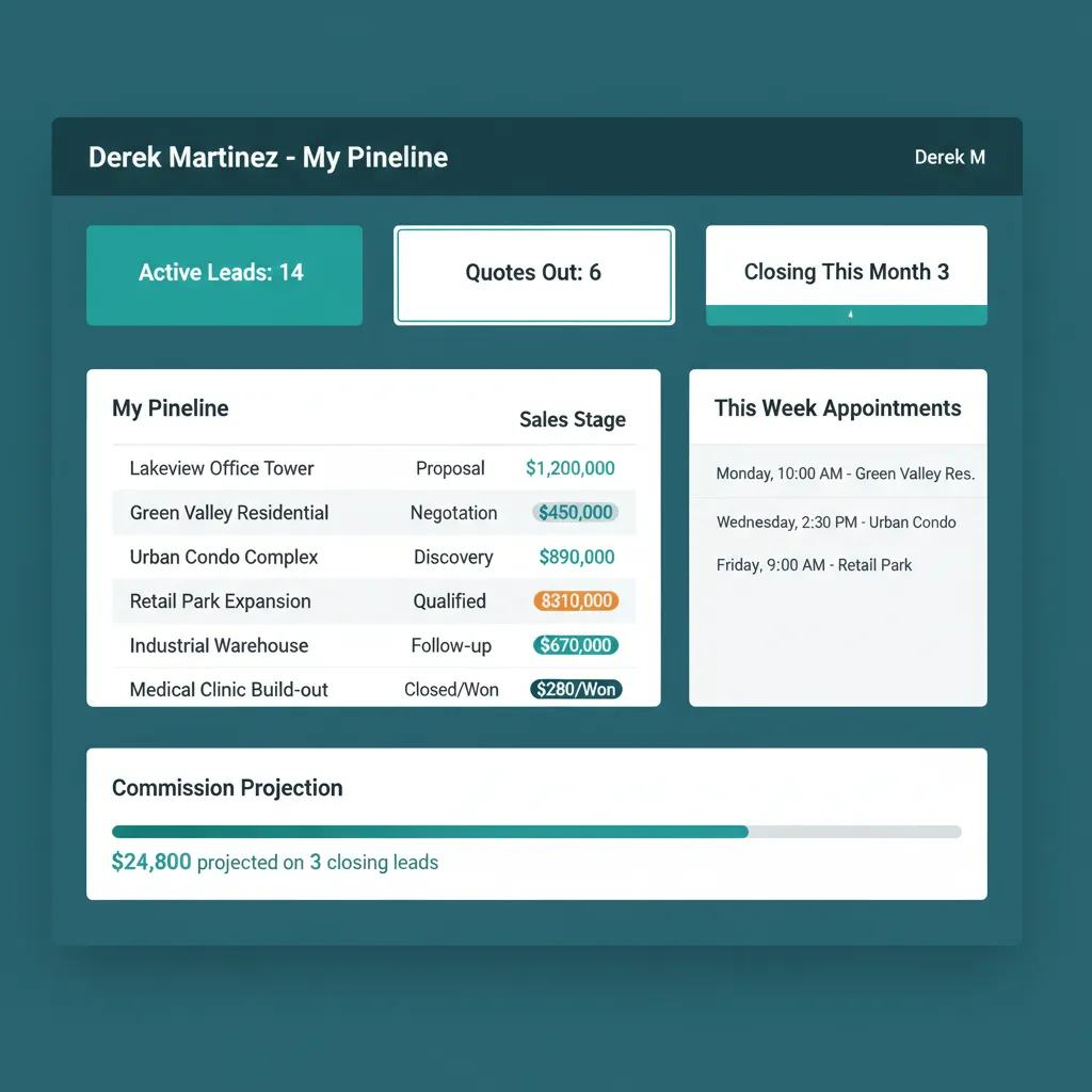 WFP self-serve sales rep dashboard with pipeline tiles, my-pipeline list, weekly appointments, and commission projection.