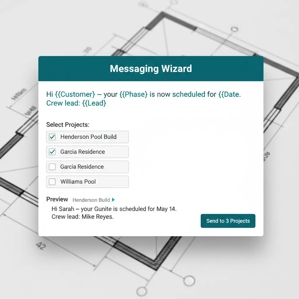 WFP messaging wizard modal with templated message, project picker, and resolved message previews.