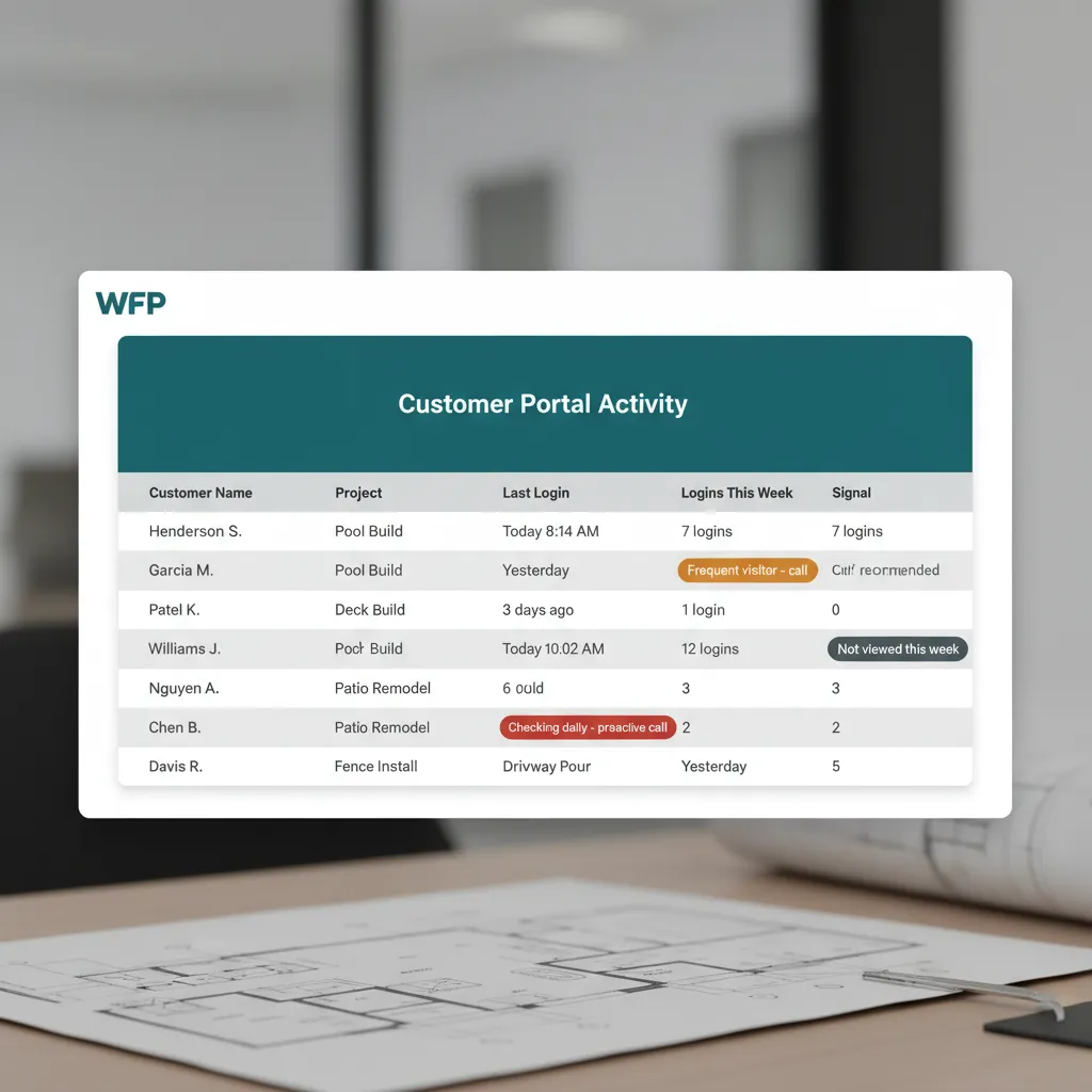 WFP customer engagement list showing each customer last login date, weekly visit count, and soft-signal call recommendations.