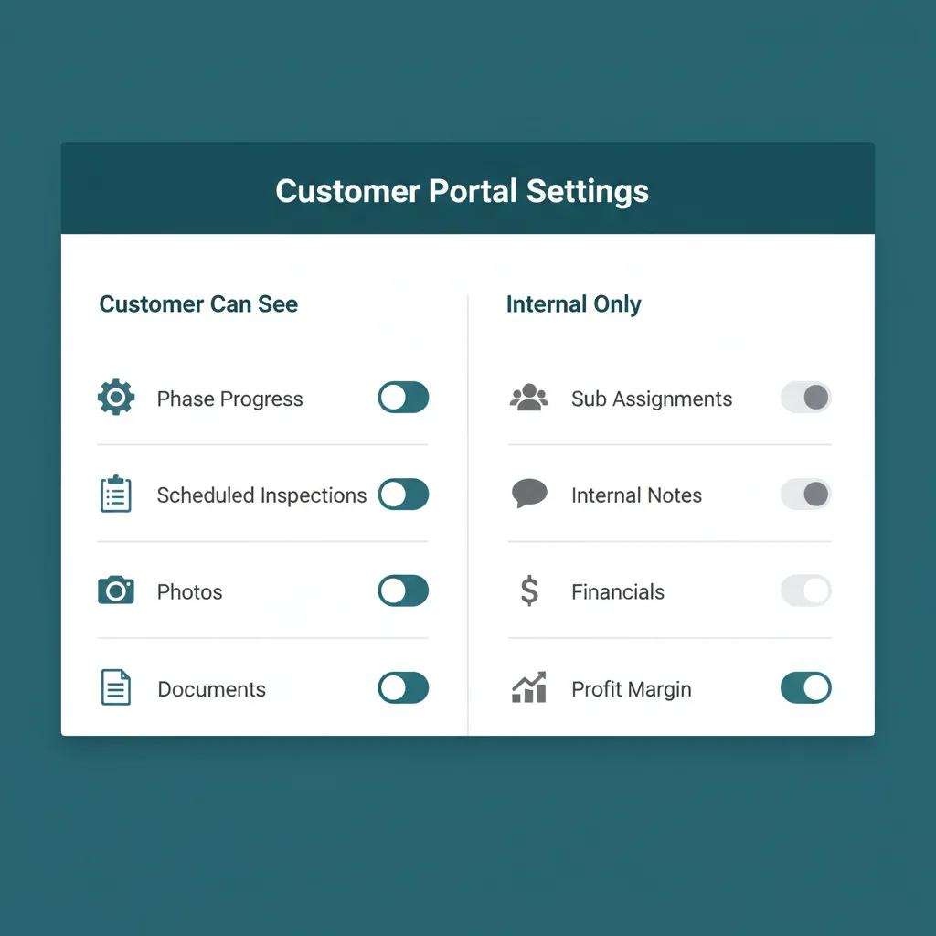 WFP customer portal configuration screen with visibility toggles for customer-visible items versus internal-only items.