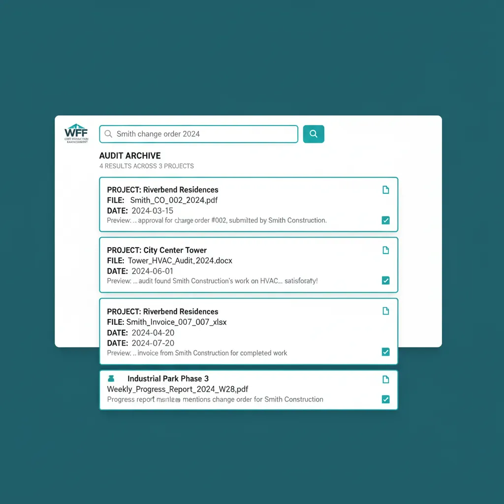 WFP archive search view across all projects with results showing project name, file name, date, and snippet previews.