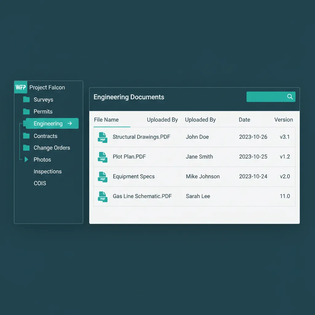 WFP project file browser with category folder tree on the left and an engineering folder file list on the right.