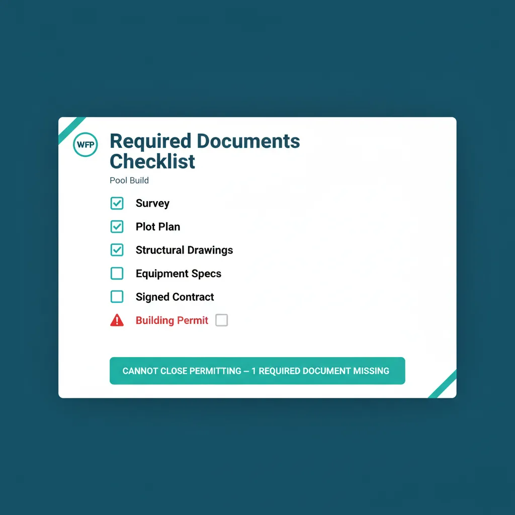 WFP required documents checklist for a Pool Build with one missing permit blocking phase advancement.