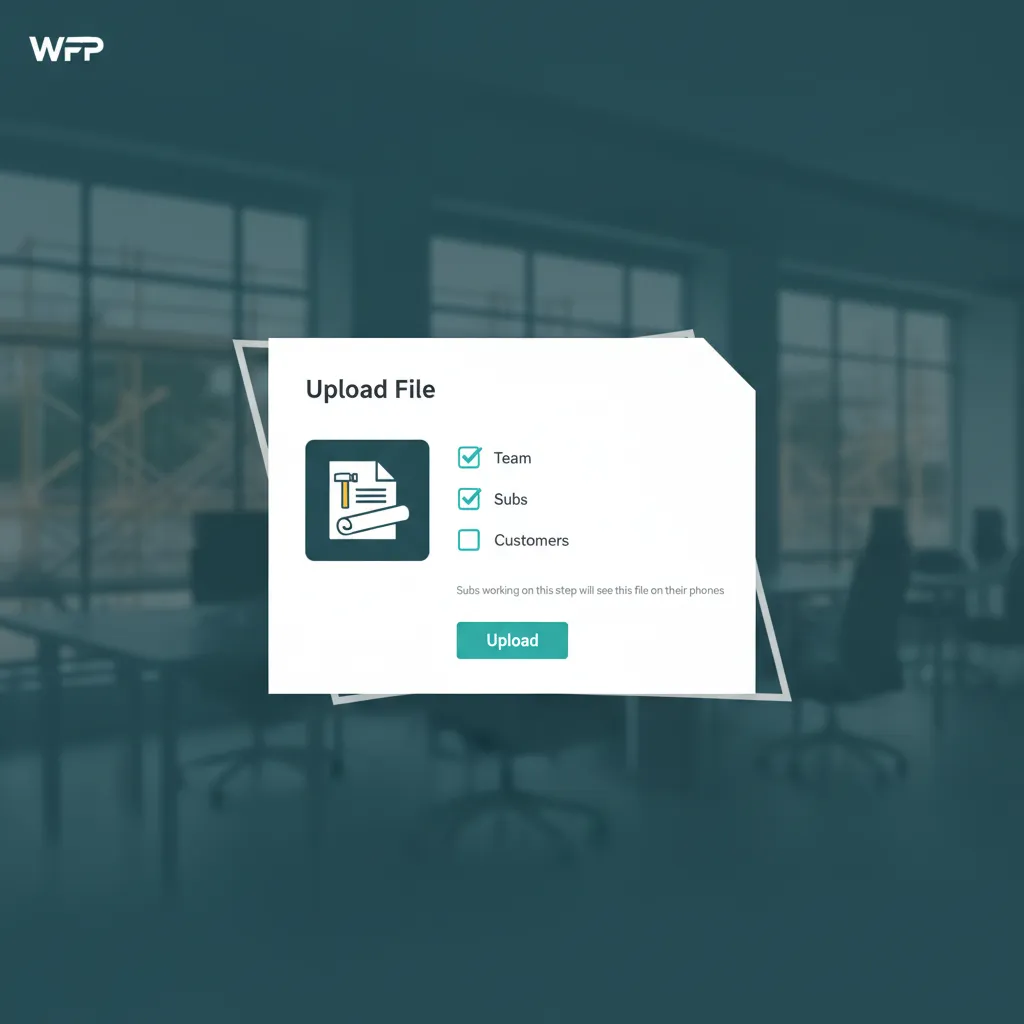 WFP file upload modal showing visibility selector with Team, Subs, and Customers checkboxes and a file preview.