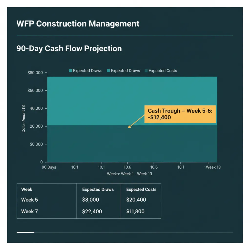 WFP cash flow projection chart with a 90-day stacked area view, annotated trough callout, and a weekly draws and costs table.