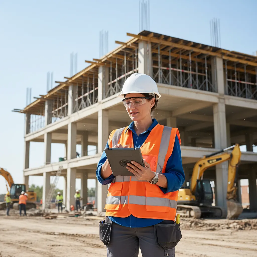 Construction project manager using a tablet on an active job site wearing an orange safety vest and white hard hat