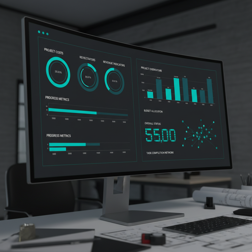 Construction management financial dashboard on a widescreen monitor showing project costs, revenue indicators, and progress metrics with teal color accents