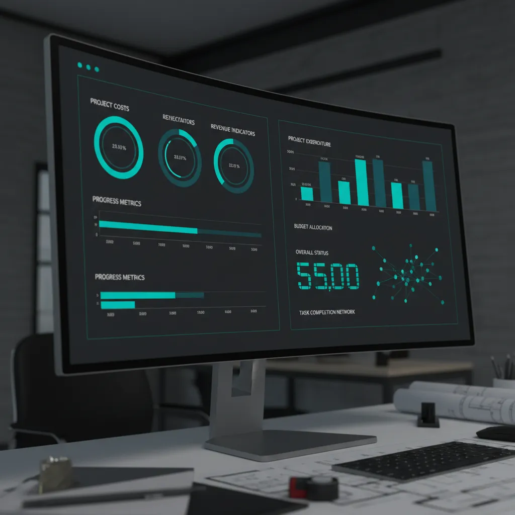 Construction management financial dashboard on a widescreen monitor showing project costs, revenue indicators, and progress metrics with teal color accents