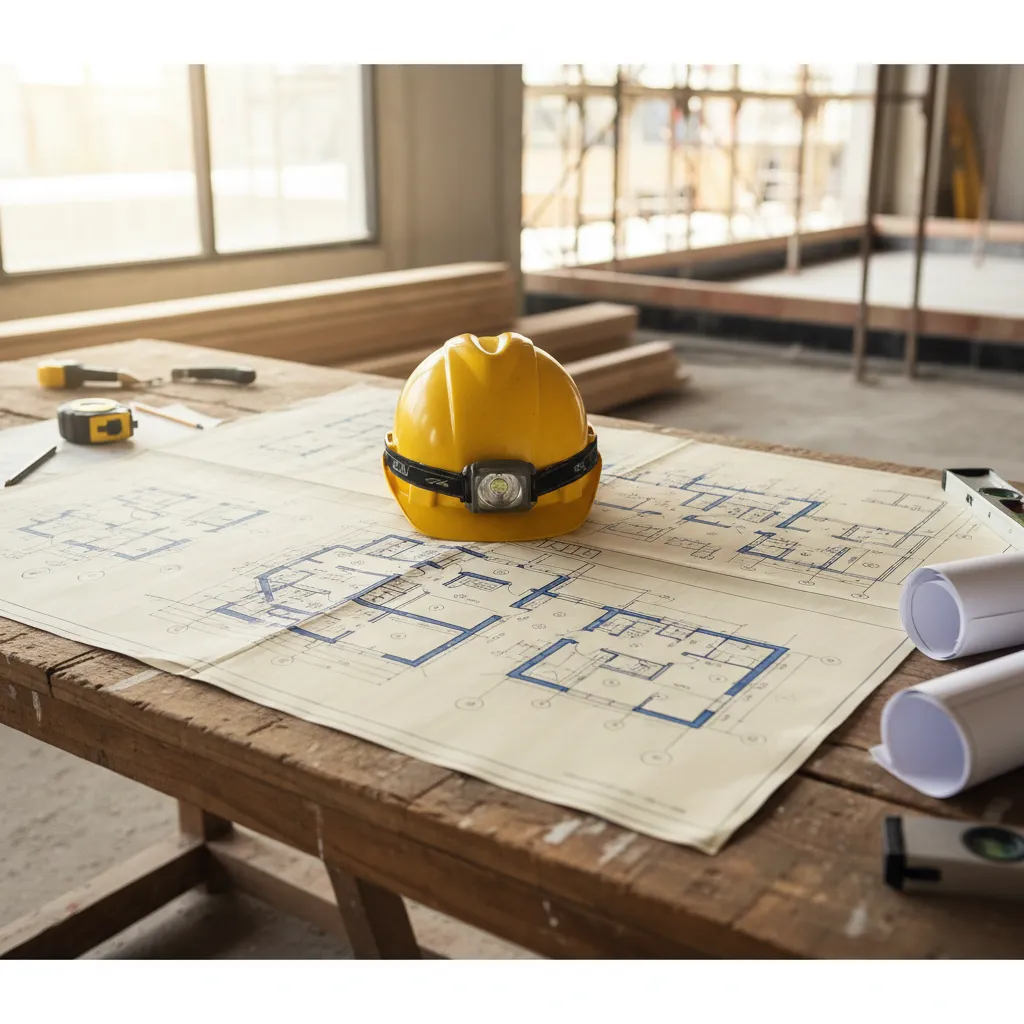Architectural blueprints spread across a job site worktable with a yellow hard hat resting on top and construction tools nearby