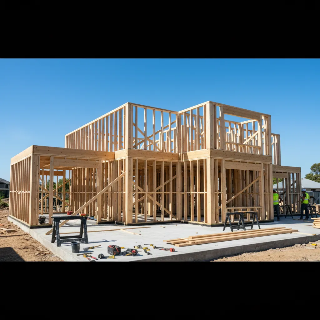 Modern residential house under construction showing clean timber framing against a clear blue sky, architectural precision and professional craftsmanship