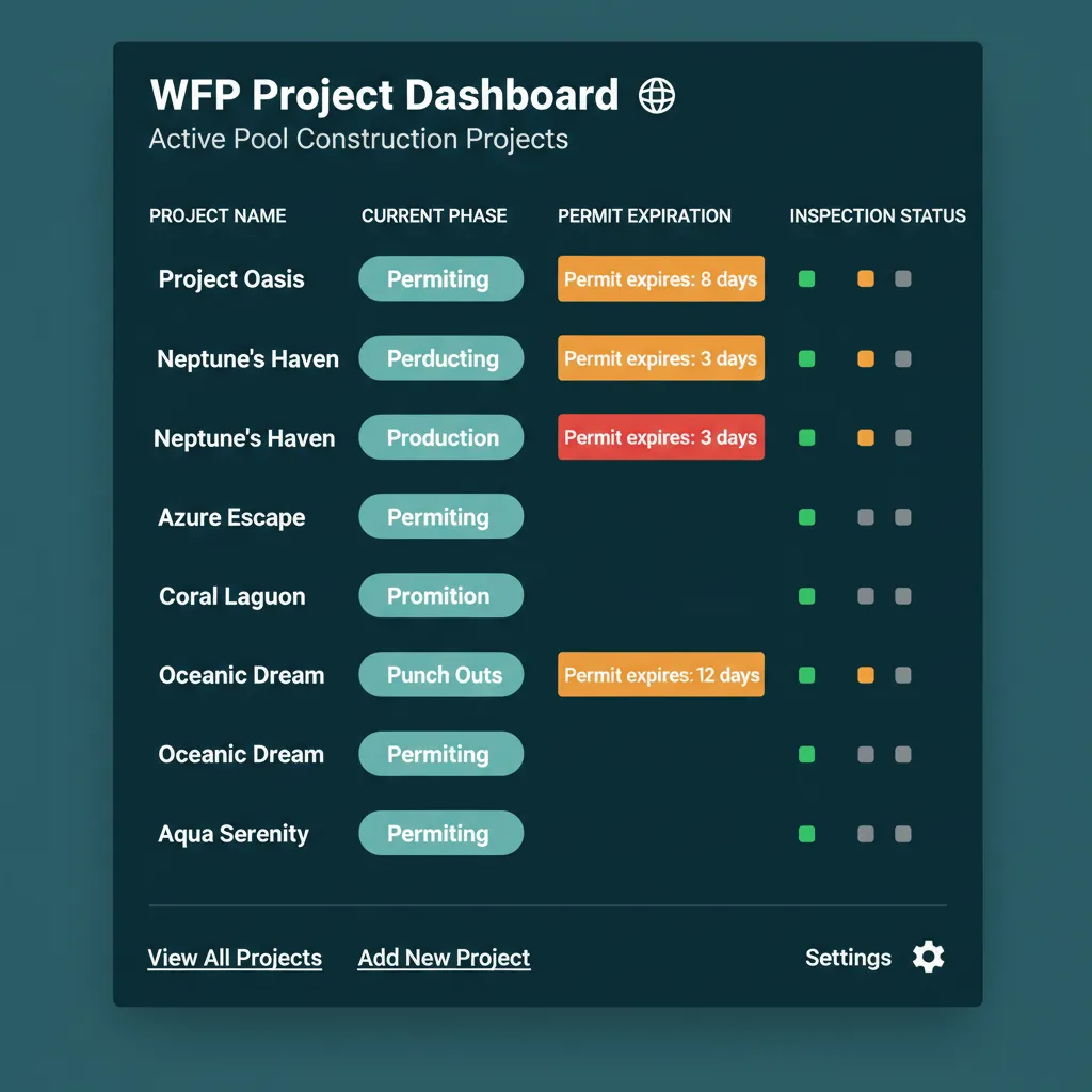 WFP dashboard showing permit countdown badges and inspection status indicators across multiple active pool projects.