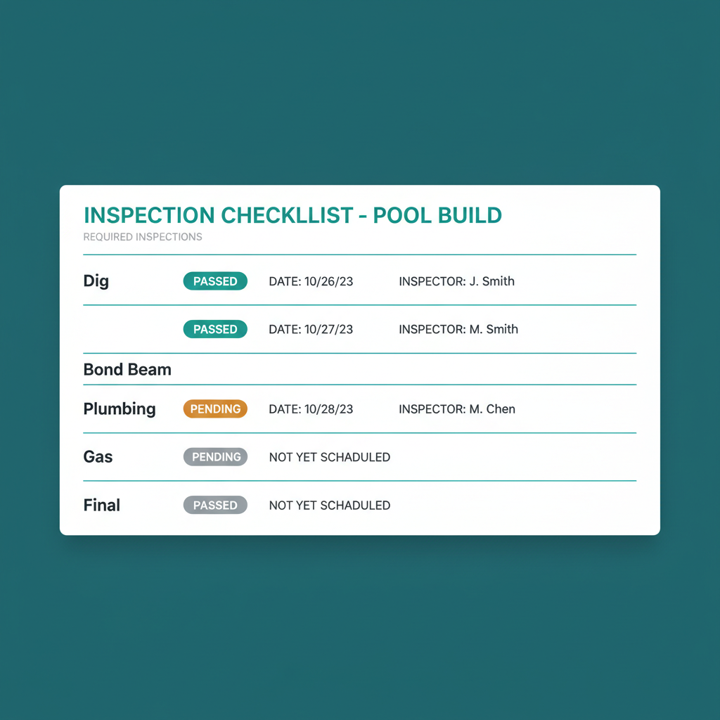 Inspection checklist with passed, pending, and not-scheduled status badges across the pool inspection chain.