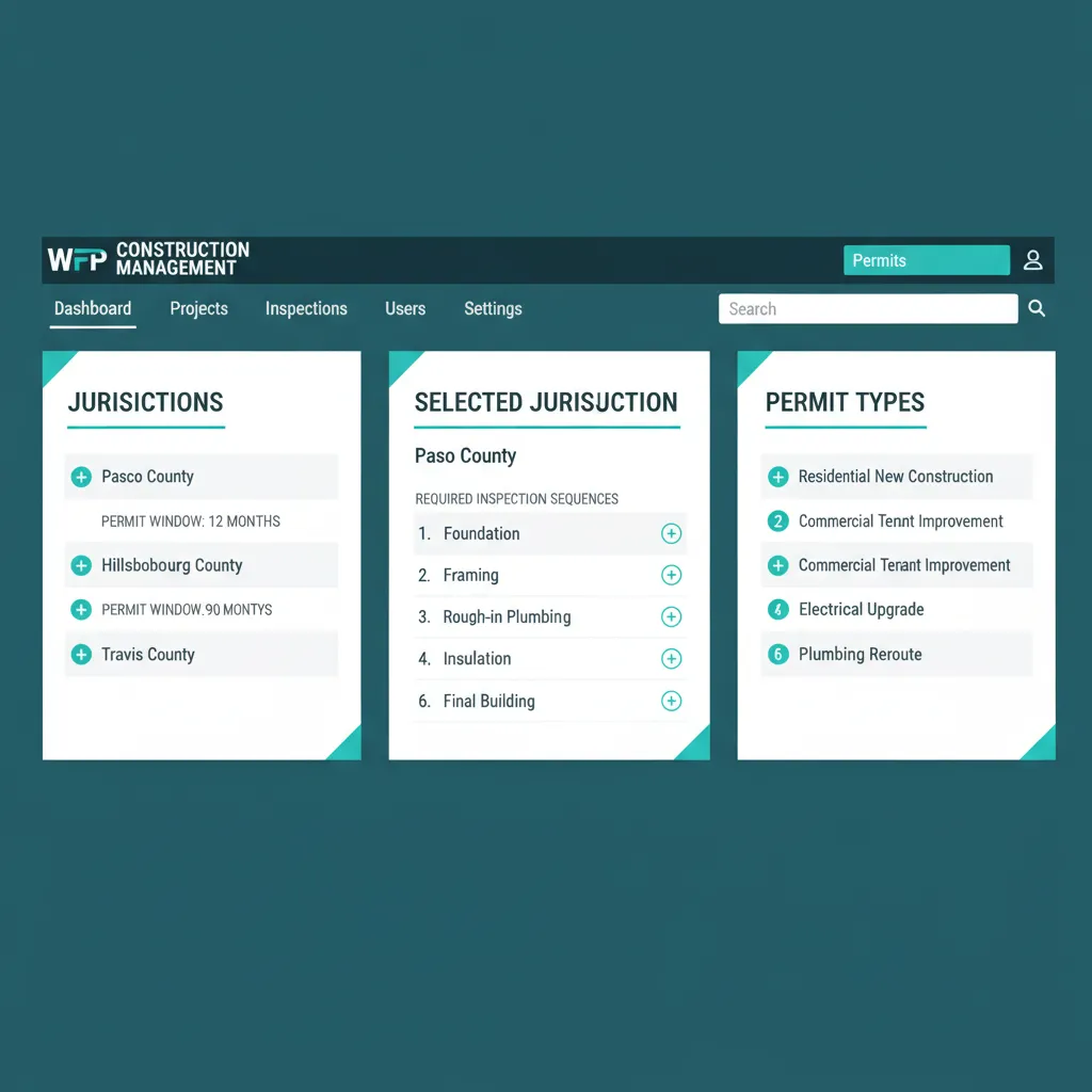 Configuration view listing municipalities with their specific permit windows and required inspection sequences.