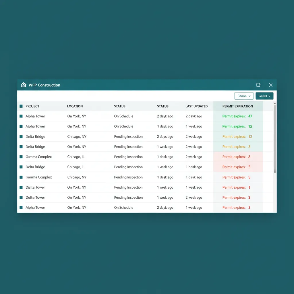 Dashboard column showing permit expiration countdowns across 8 to 10 projects with color-coded urgency.
