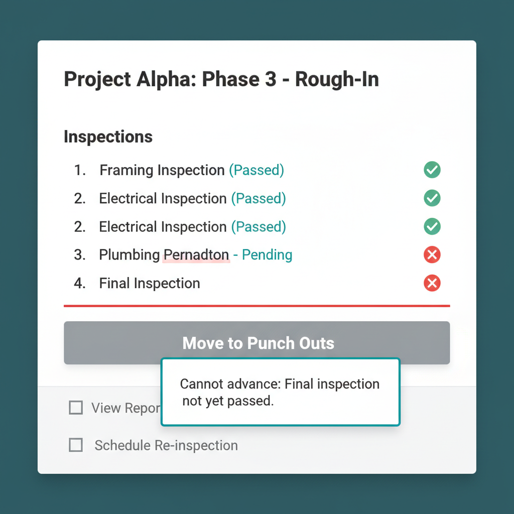 Disabled phase advance button with a tooltip stating which inspection is blocking the transition.