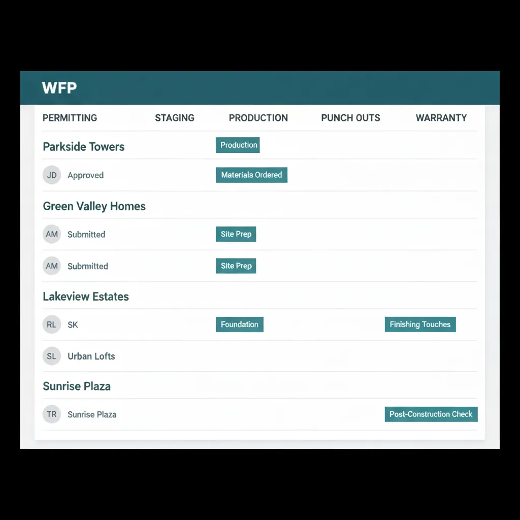 WFP all-projects dashboard with phase columns and project rows showing status indicators.