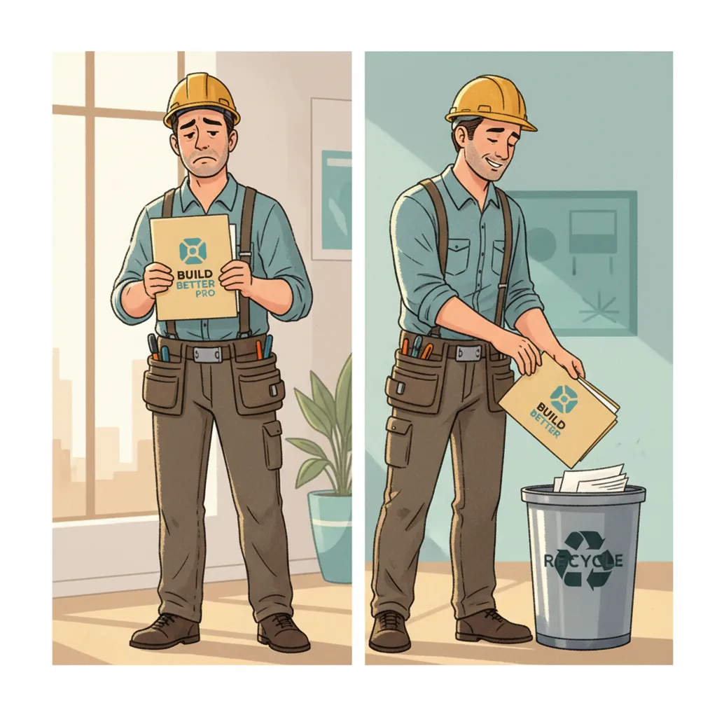 Featured image for the Buildertrend abandonment article showing a builder discarding Buildertrend materials.