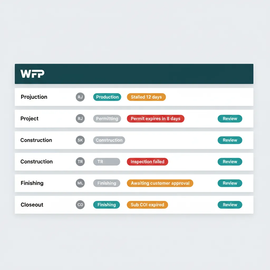WFP attention queue screenshot showing 4 to 6 flagged projects with reason badges like Stalled 12 days and Permit expires in 8 days.