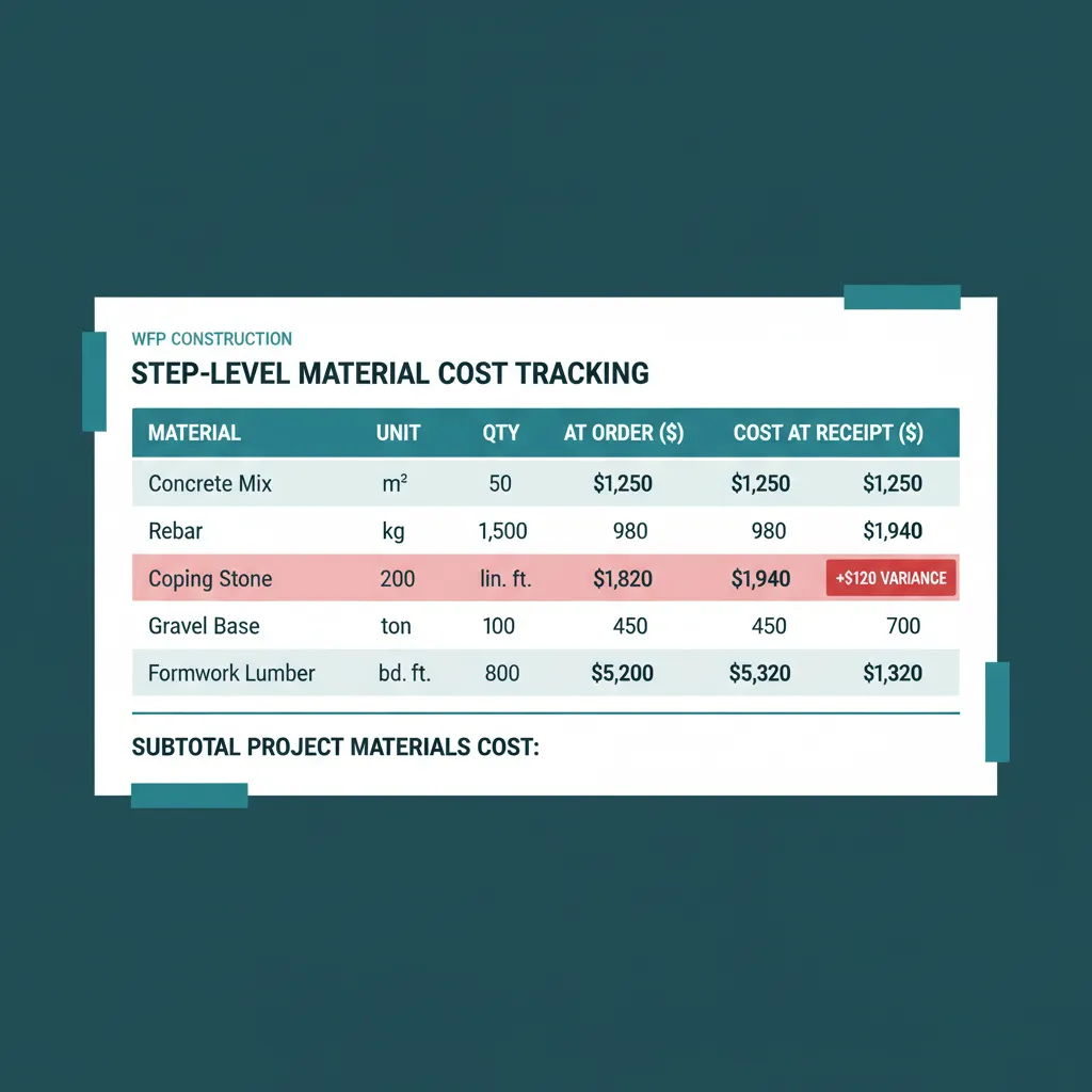 Step-level cost view with Cost at Order and Cost at Receipt columns and a flagged variance row on coping.