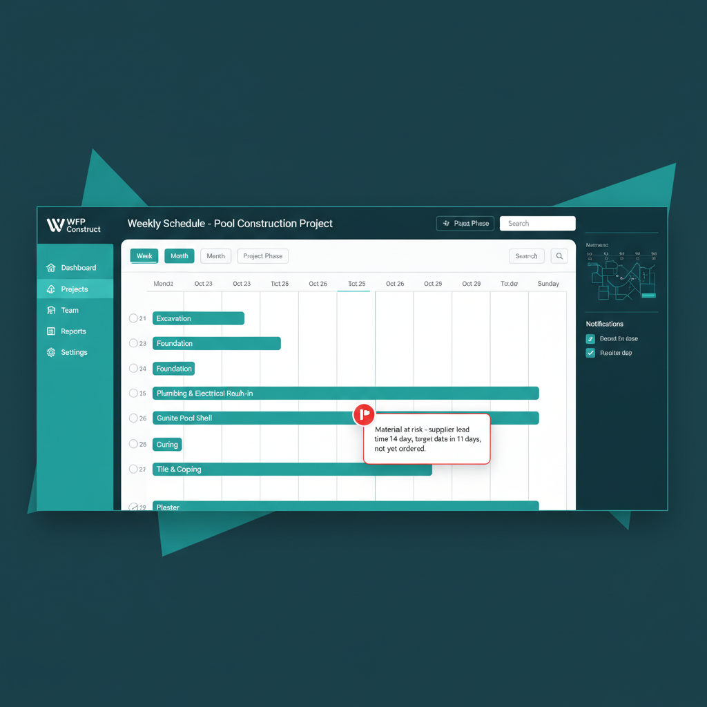Weekly schedule view with a step flagged for lead-time risk and an explanatory tooltip.