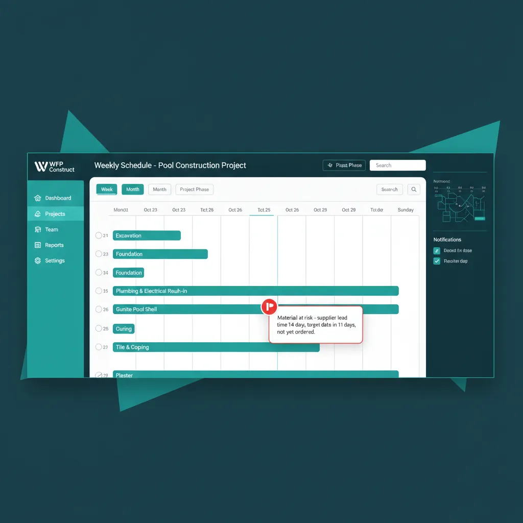 Weekly schedule view with a step flagged for lead-time risk and an explanatory tooltip.