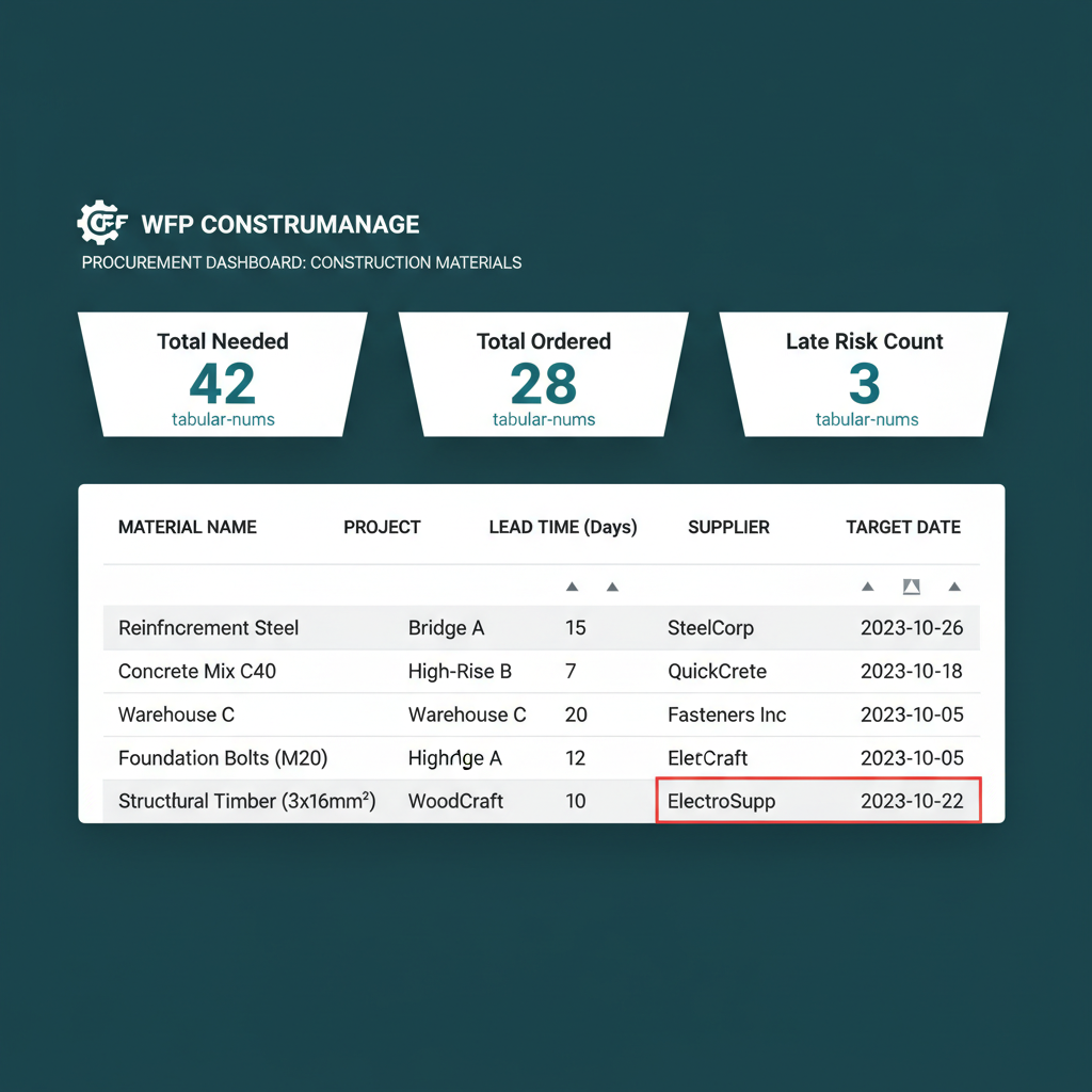 Procurement dashboard with KPI tiles and a sortable table of materials across multiple projects.