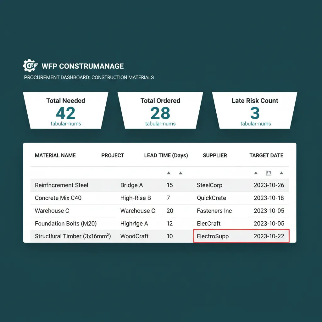 Procurement dashboard with KPI tiles and a sortable table of materials across multiple projects.