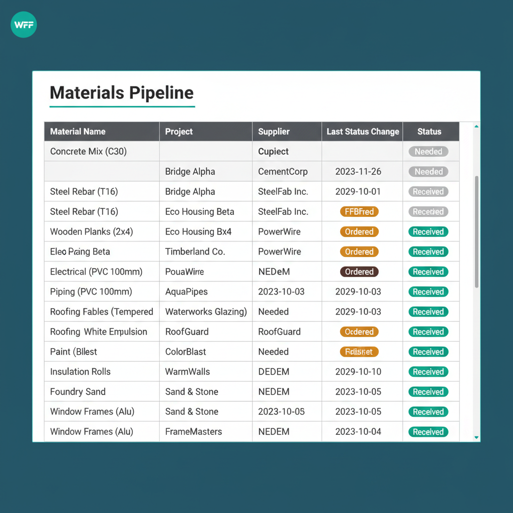 Materials table with 10 to 12 rows showing Needed, Ordered, and Received status pills and timestamps.