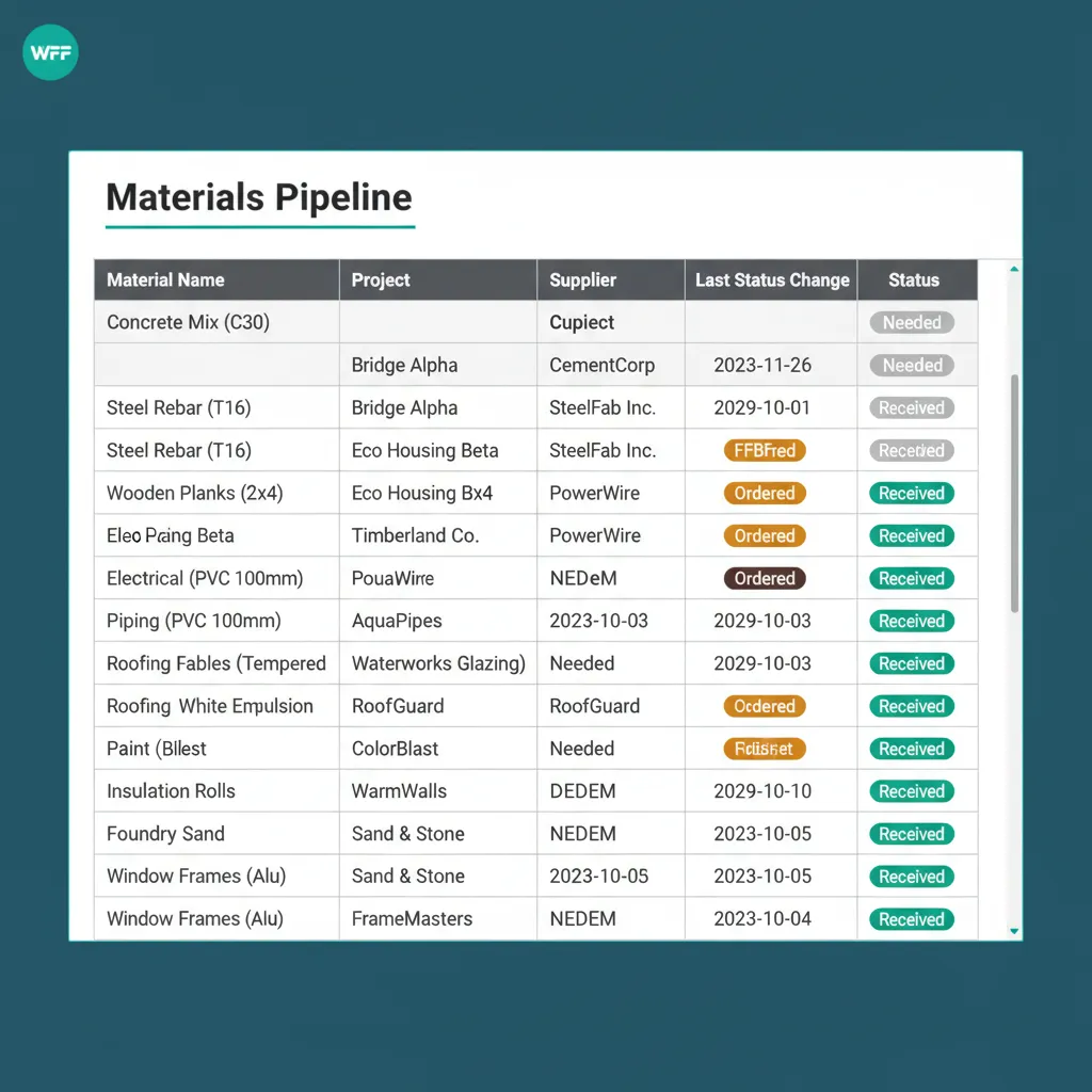 Materials table with 10 to 12 rows showing Needed, Ordered, and Received status pills and timestamps.
