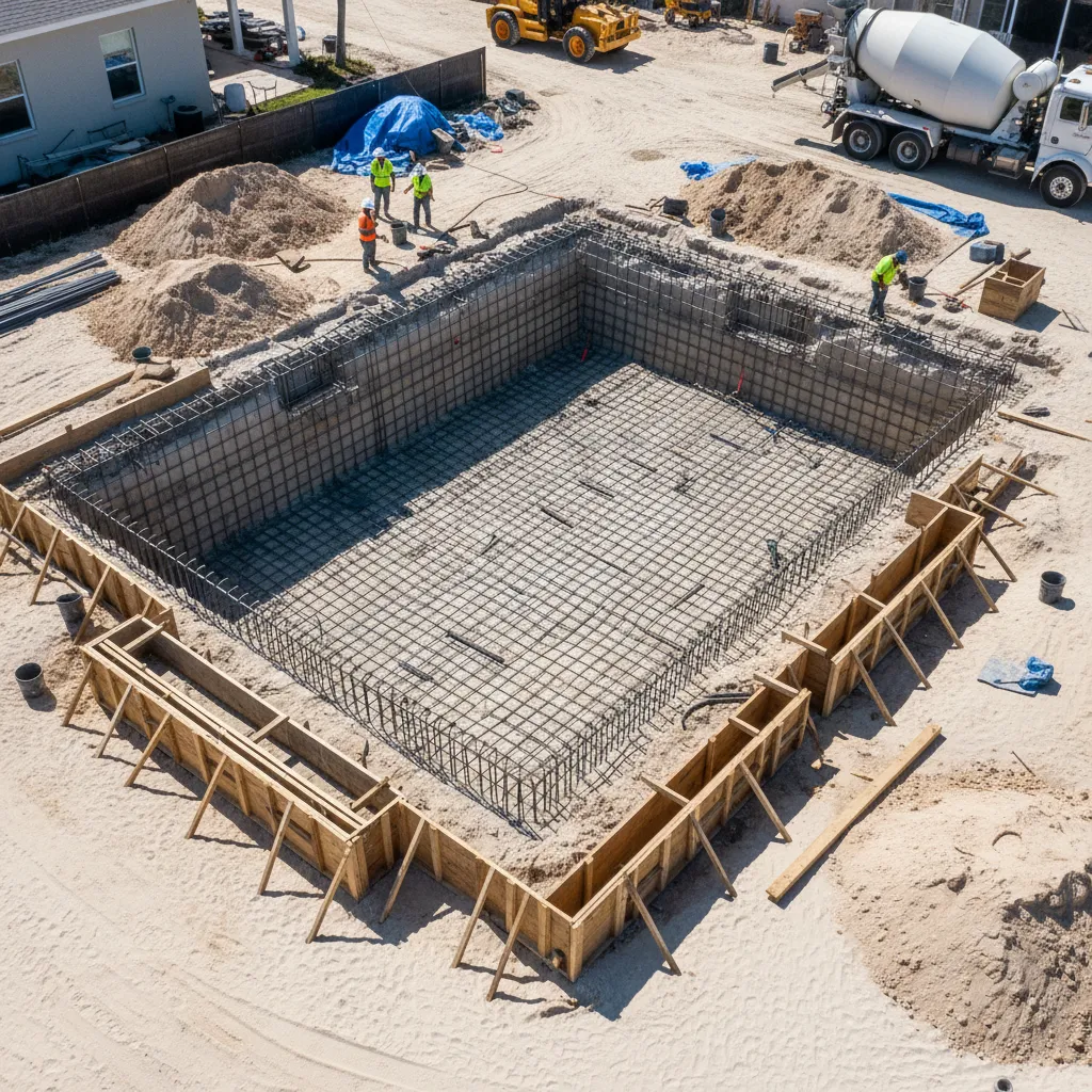 Active pool construction site aerial view showing excavation with rebar steel framework and concrete forms under bright midday sun