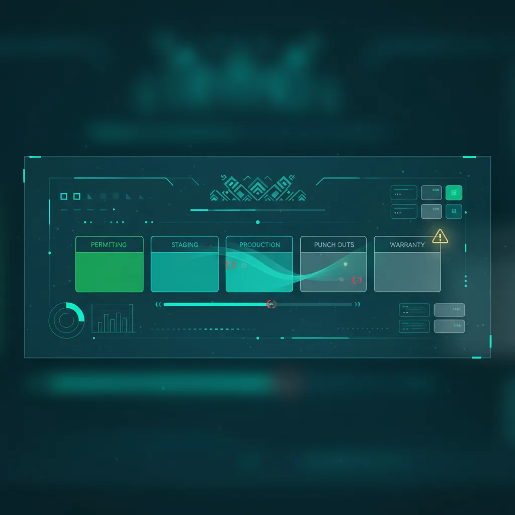 WFP dashboard showing pool construction phase timeline with Permitting, Staging, Production, Punch Outs, and Warranty phases, color-coded status indicators and teal data visualization