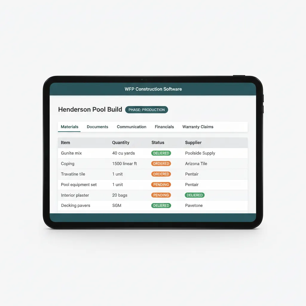 Project drill-down view with tabs for materials, documents, communication, financials, and warranty claims.