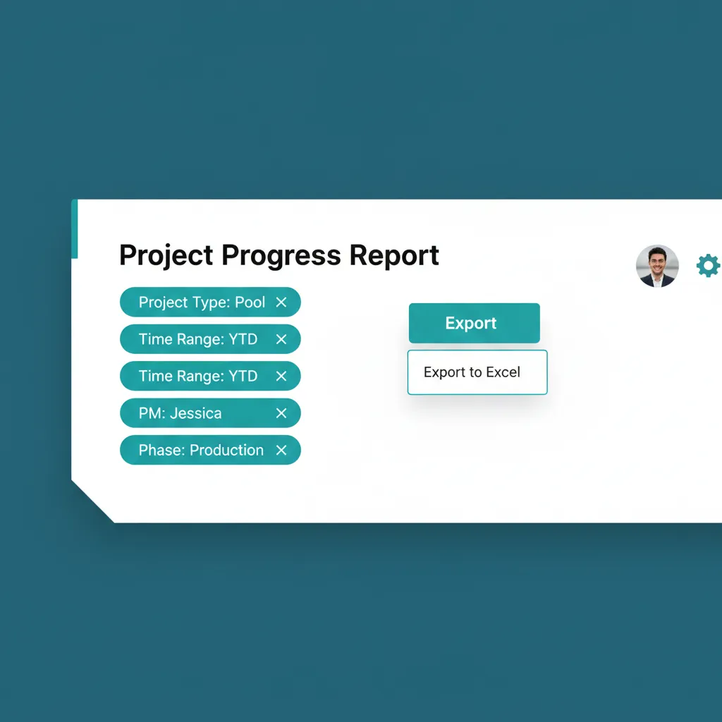 Report header with active filter pills and an export menu open showing Excel and PDF options.