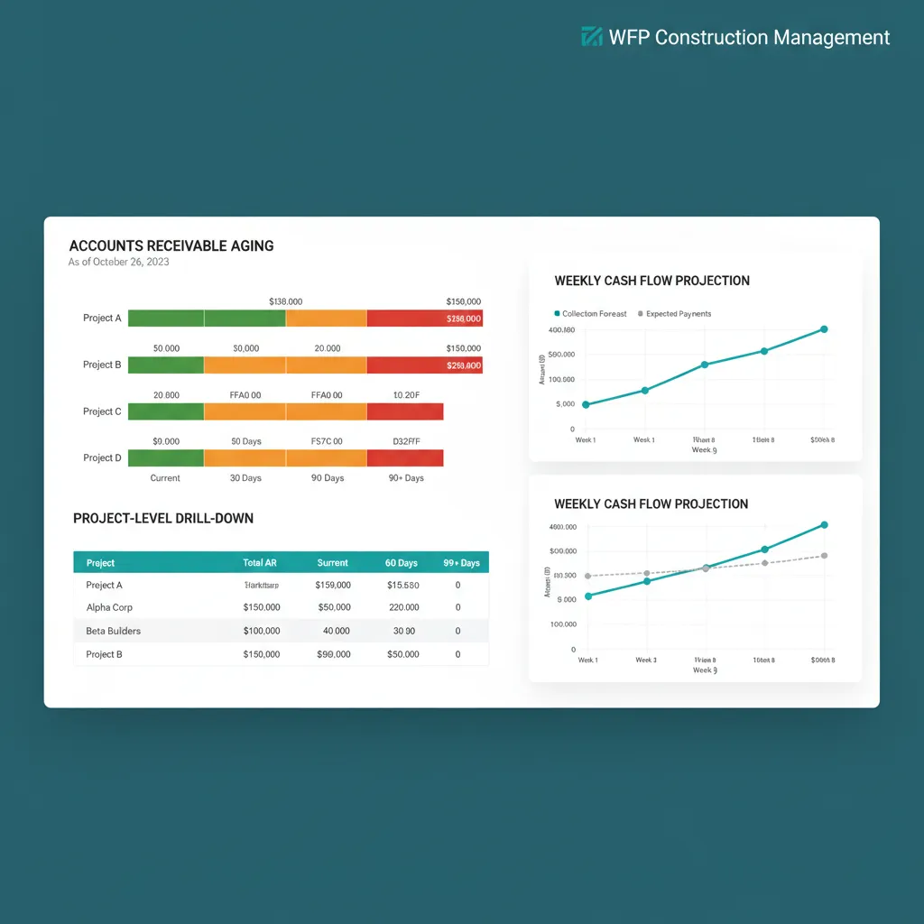 Financial dashboard with AR aging stacked bars and a weekly cash flow projection chart.