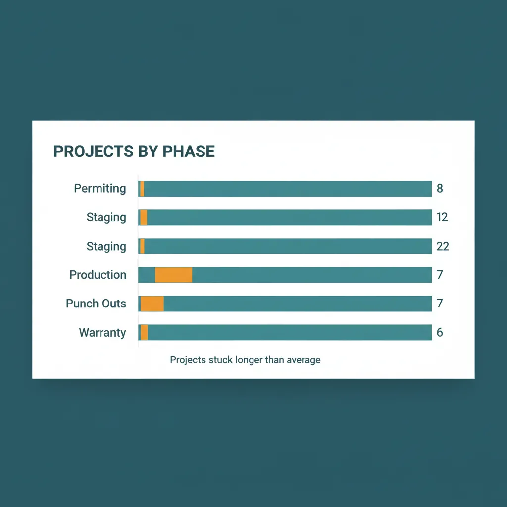 Projects-by-phase bar chart with amber highlights on projects stuck in phase longer than average.