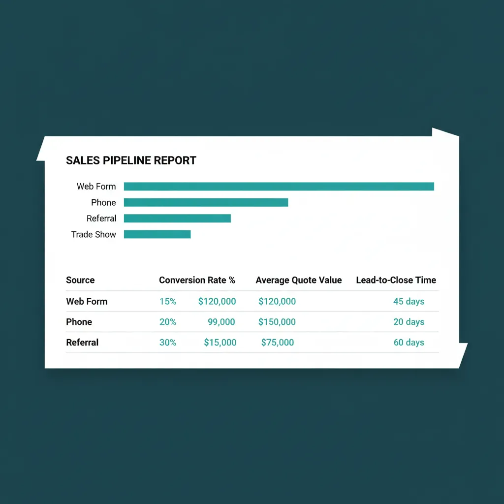 Sales report with pipeline by source, conversion rates, and a top-of-page bar chart comparing sources.