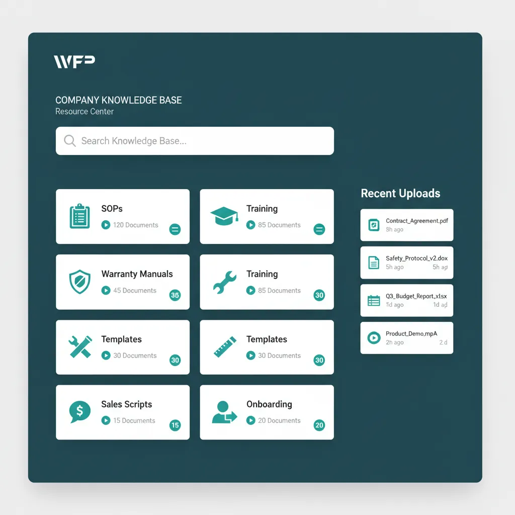WFP Resource Center home screen with folder cards for SOPs, Training, Warranty Manuals, Templates, Sales Scripts, and Onboarding.