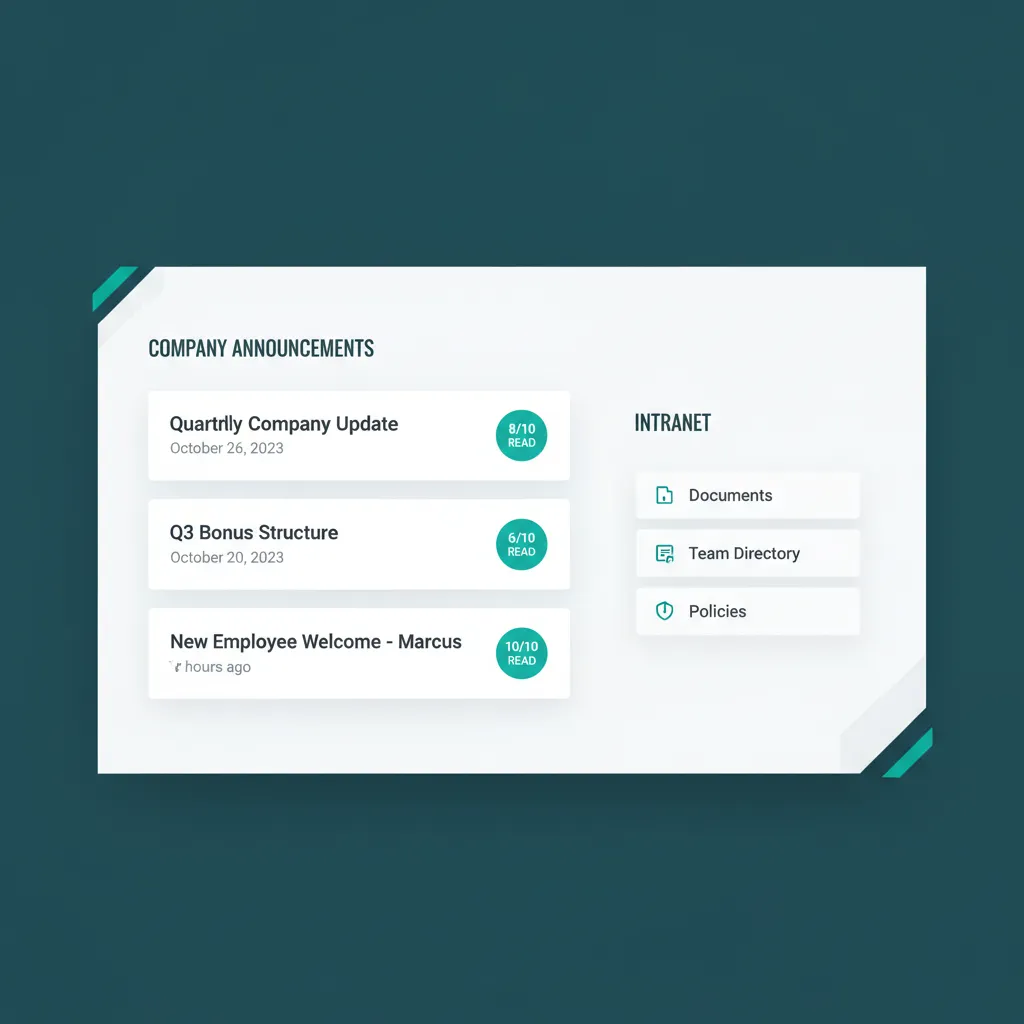 Company announcements feed with quarterly updates, bonus structure, and new employee welcome posts plus read receipts.
