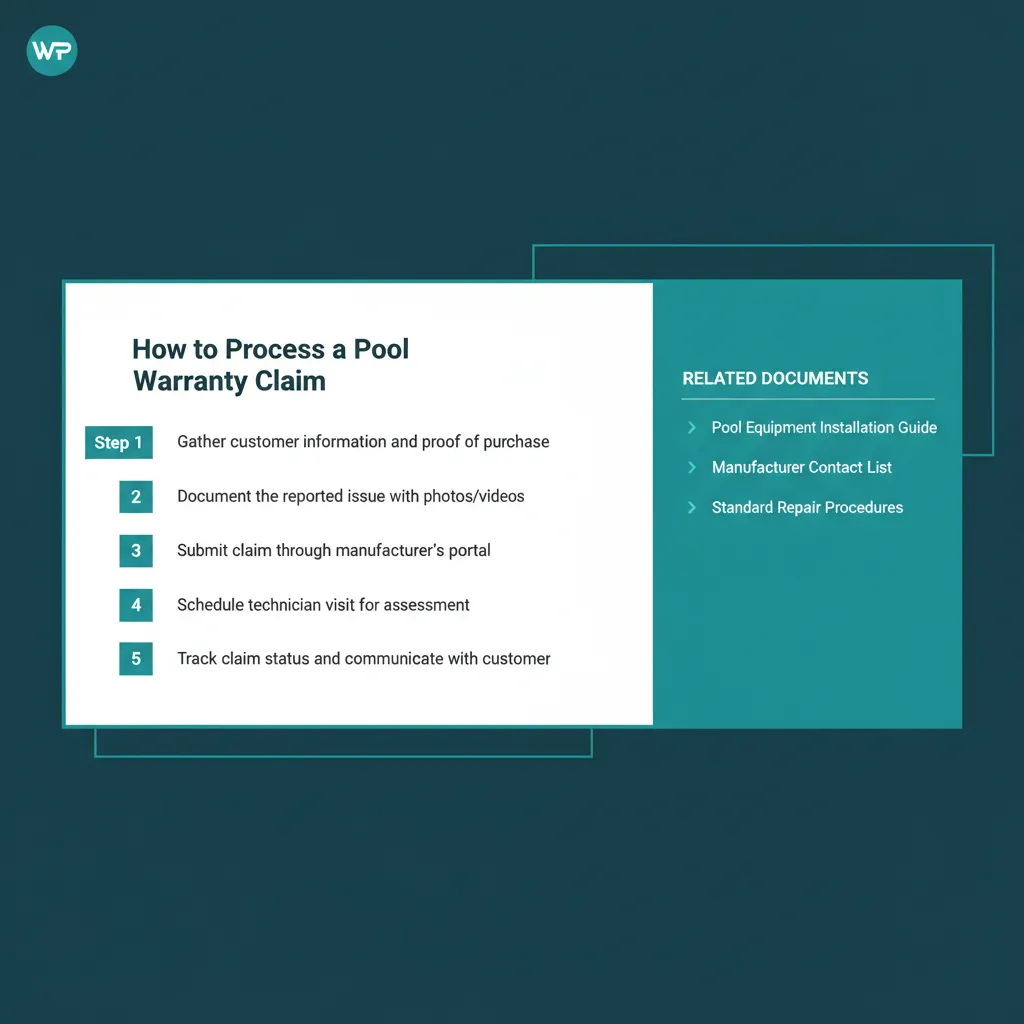 SOP detail view titled How to Process a Pool Warranty Claim with numbered steps and a related documents sidebar.