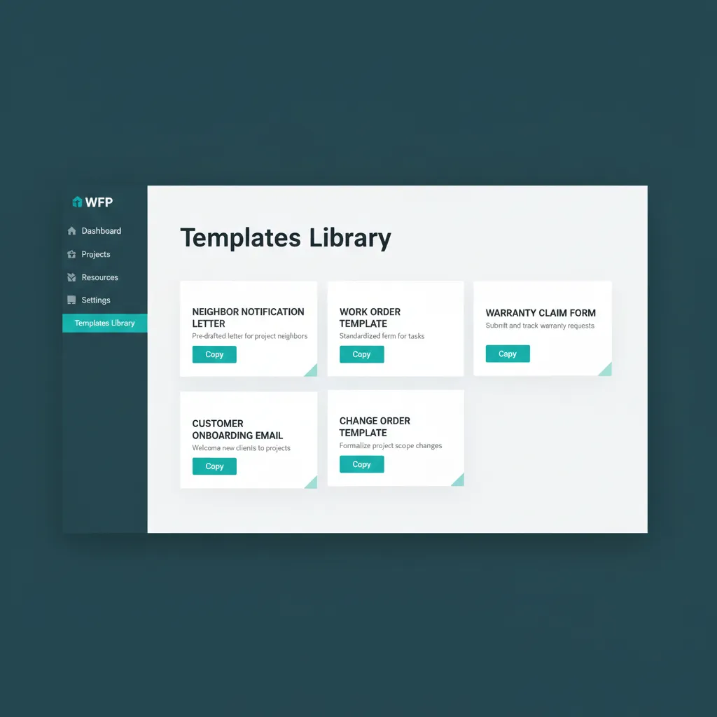 Templates section showing a grid of template cards with copy buttons for letters, work orders, and forms.