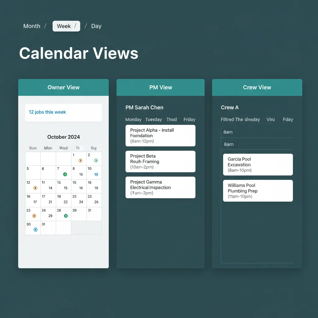 WFP calendar in Owner View showing every PM's schedule color-coded across the week with a flagged bottleneck