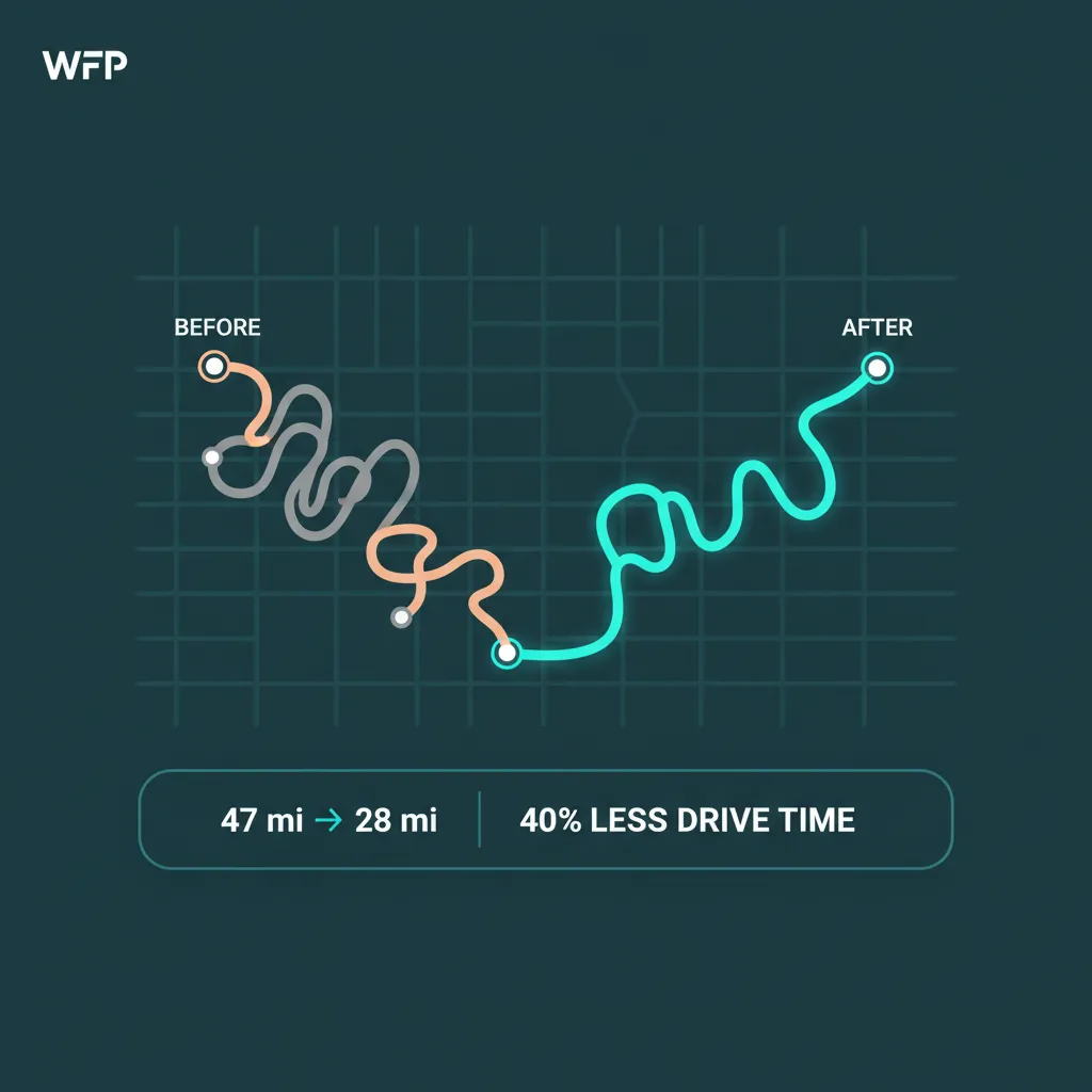 WFP route mapping visualization comparing a tangled before-route in muted orange with a smooth optimized teal after-route, with a metric strip showing 47 miles reduced to 28 miles for 40% less drive time