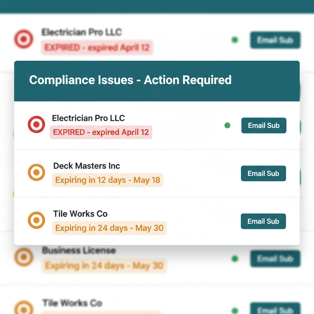 Three rows of the WFP compliance dashboard expanded to show specific expired or expiring documents per sub